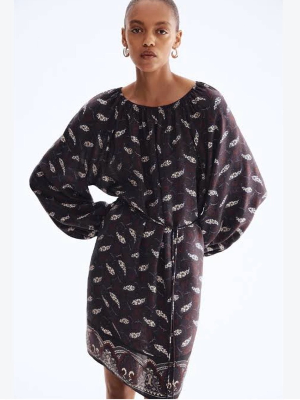 H&M Dark Boho Paisley Dress Billowy Resort Puff Sleeve XL Oversized Tie-Belt